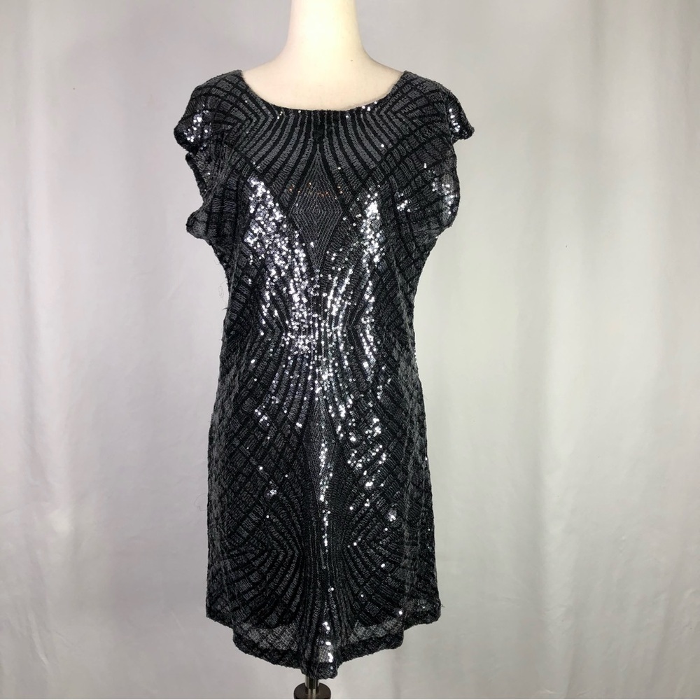 Trixxi art deco sequined mini dress low back black cap sleeves formal dance S